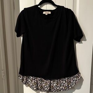 LOFT Black Short Sleeve Sweater with Floral Ruffle Hem